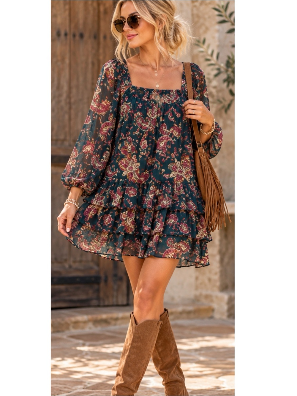 New BAND OF THE FREE Mandy Floral Pine Berry Sheer Sleeve Dress Ruffle Sz Large